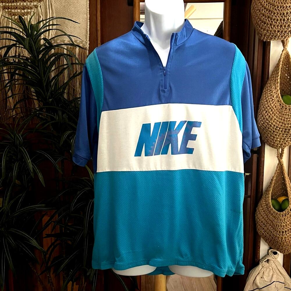 Vintage 90s Nike Cycling Jersey XL | Blue Mesh 3 Pocket Colorblock Biking Top